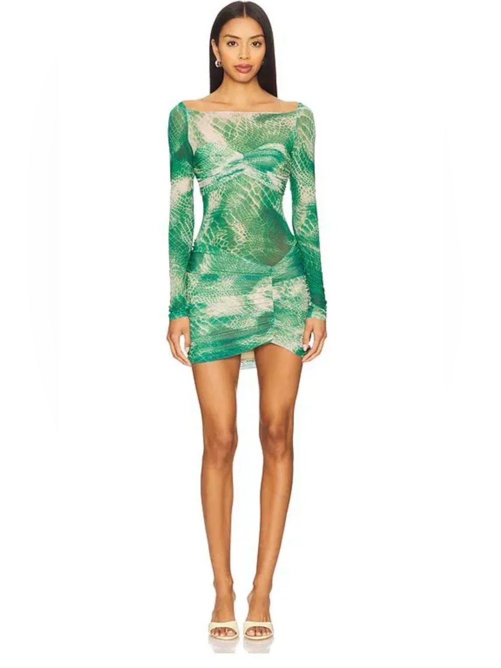 AFRM Green & White Snake-Print Long-Sleeve Mini Dress